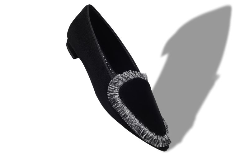 Agofran, Black Velvet Fringe Detail Loafers - US$935.00 