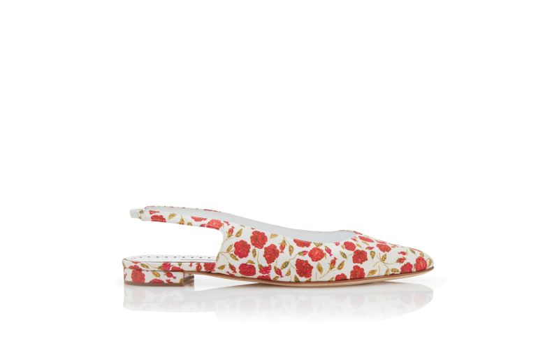 Side view of Sawra, White and Red Satin Slingback Flat Pumps  - US$465.00