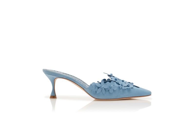 Side view of Harnes, Light Blue Suede Pointed Toe Mules - £1,115.00