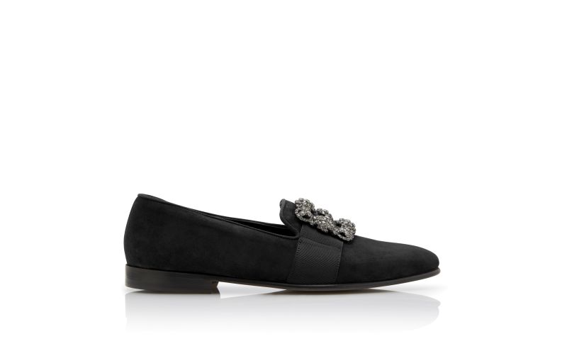 Side view of Carlton, Black Suede Jewelled Buckle Loafers - AU$1,985.00