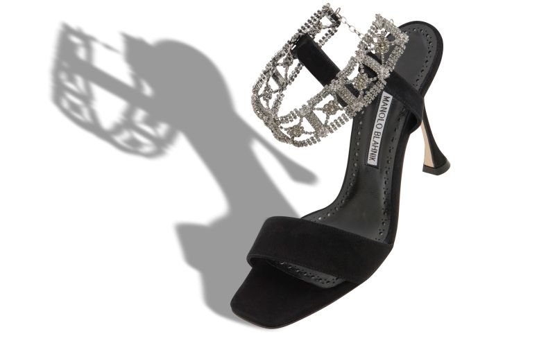 Lierasan, Black Suede Embellished Ankle Strap Sandals - AU$2,895.00
