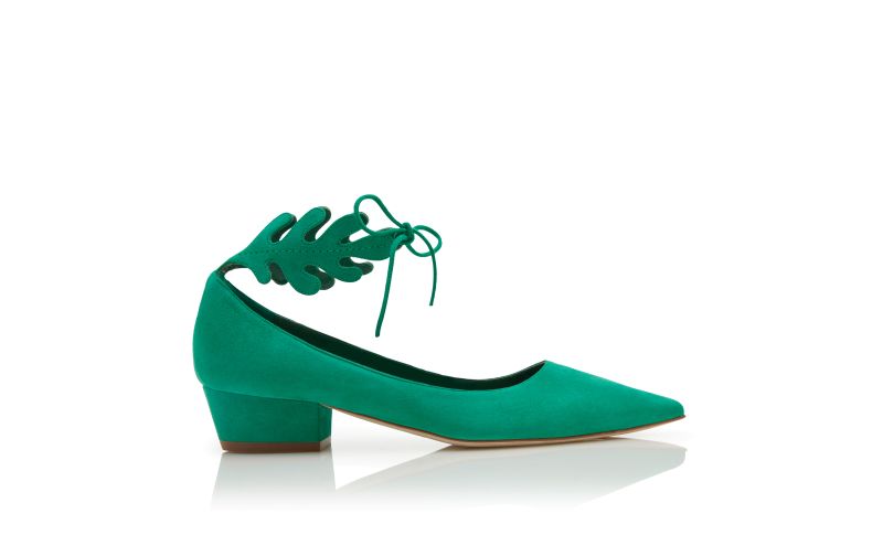 Side view of Florette, Green Suede Ankle Strap Pumps  - £695.00