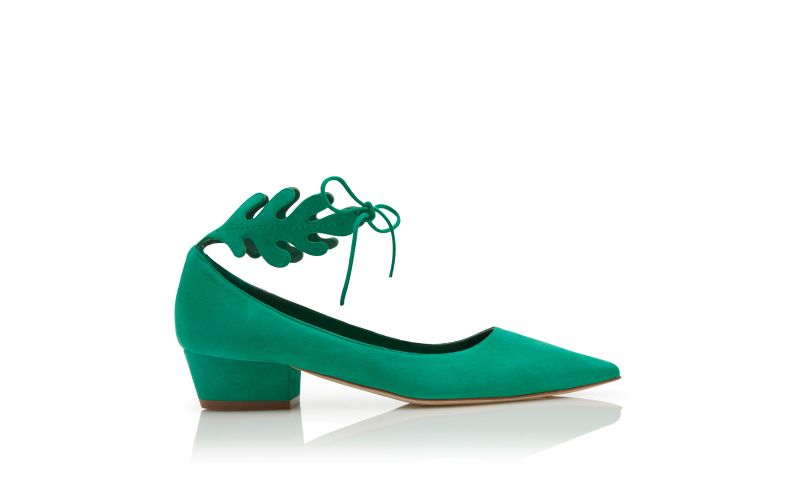 Side view of Florette, Green Suede Ankle Strap Pumps  - US$875.00