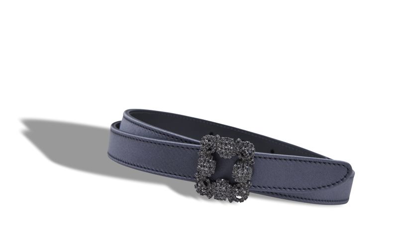 Hangisi belt mini, Blue-Grey Satin Crystal Buckled Belt - US$795.00