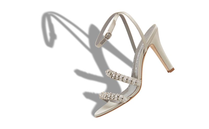 Designer Light Grey Satin Crystal Embellished Sandals