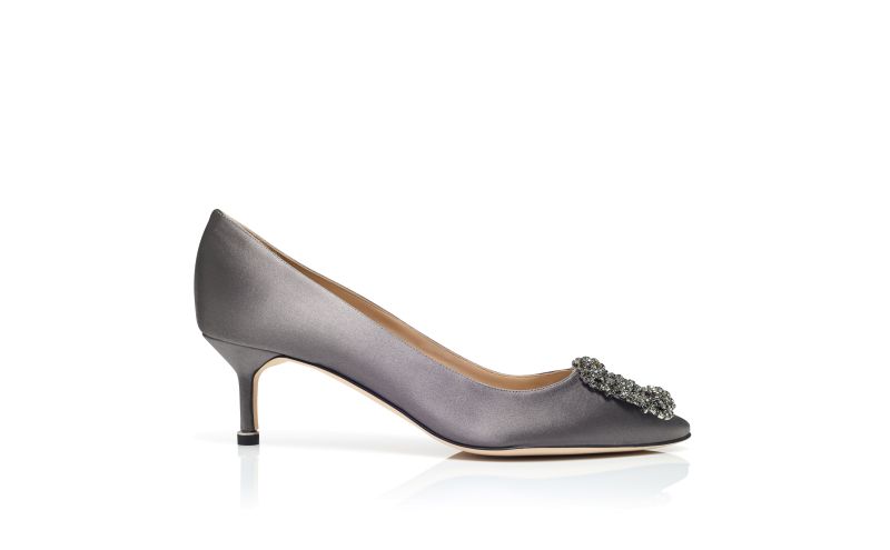 Side view of Hangisi 50, Grey Satin Jewel Buckle Pumps - US$1,195.00