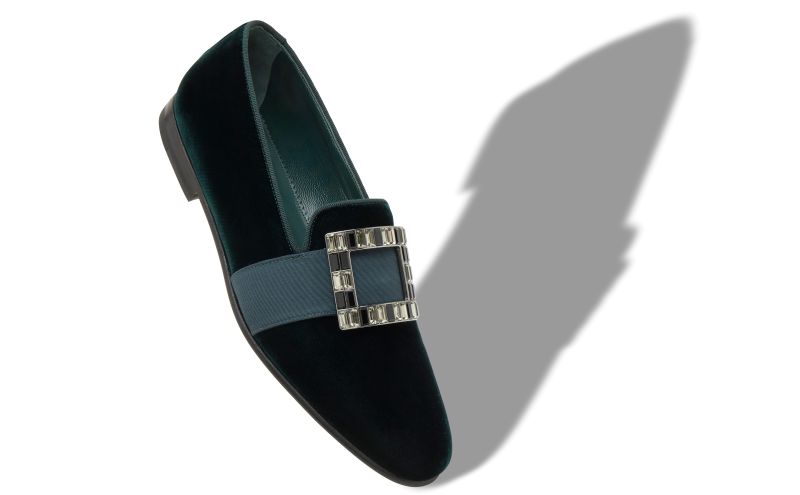 Eaton, Dark Green Velvet Buckled Loafers - £895.00 