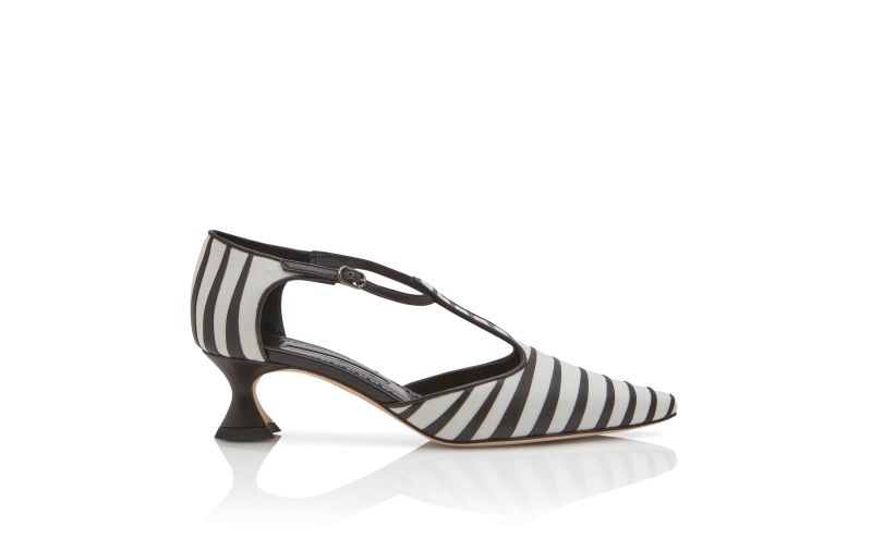 Side view of Alaria, White and Black Linen Striped T-Bar Pumps - £508.00