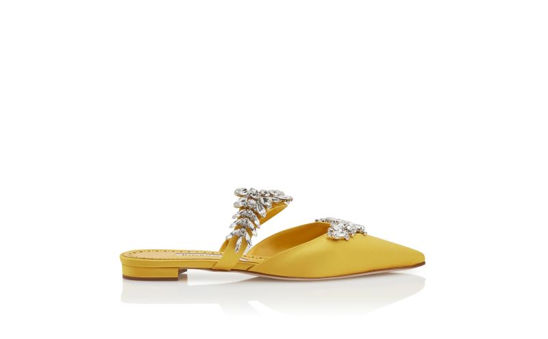 Side view of Designer Yellow Satin Crystal Embellished Flat Mules