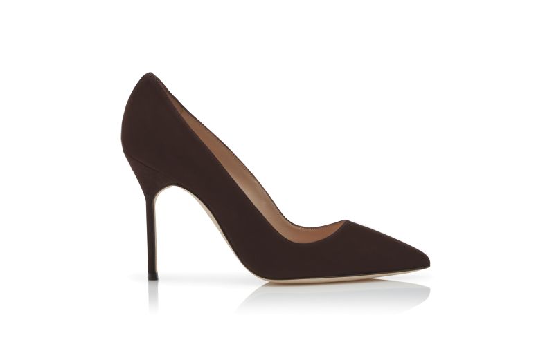 Side view of Designer Chocolate Brown Suede Pointed Toe Pumps