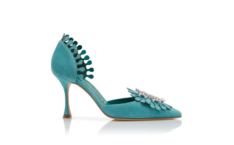 Side view of Shog, Light Blue Suede Jewel Embellished Pumps - US$897.00