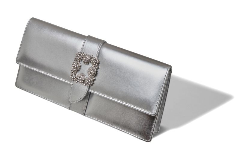 Designer Silver Nappa Leather Jewel Buckle Clutch