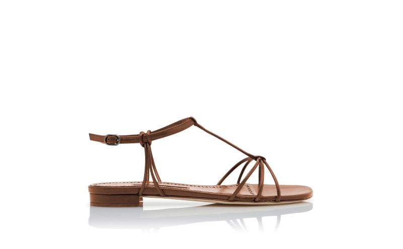 Side view of Tabarek, Brown Nappa Leather Ankle Strap Flat Sandals - US$417.00