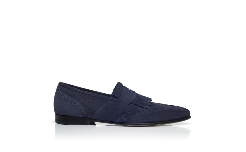 Side view of Agasio, Navy  Suede Kiltie Loafers - US$448.00