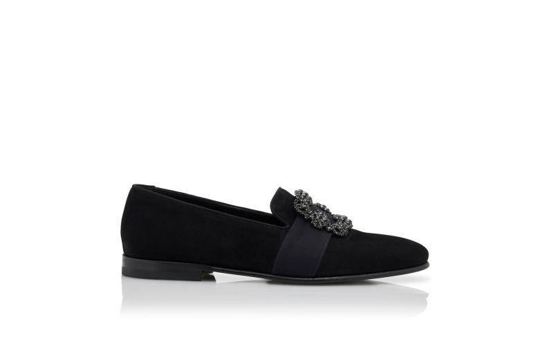 Side view of Carlton, Black Suede Jewel Buckled Loafers - £975.00