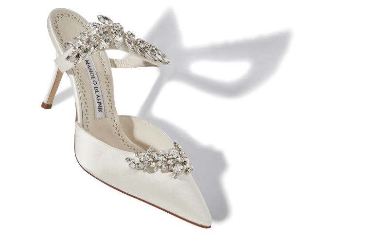 Lurum, Off-White Satin Crystal Embellished Mules - US$1,395.00 