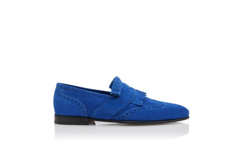 Side view of Agasio, Bright Blue Suede Kiltie Loafers - US$895.00