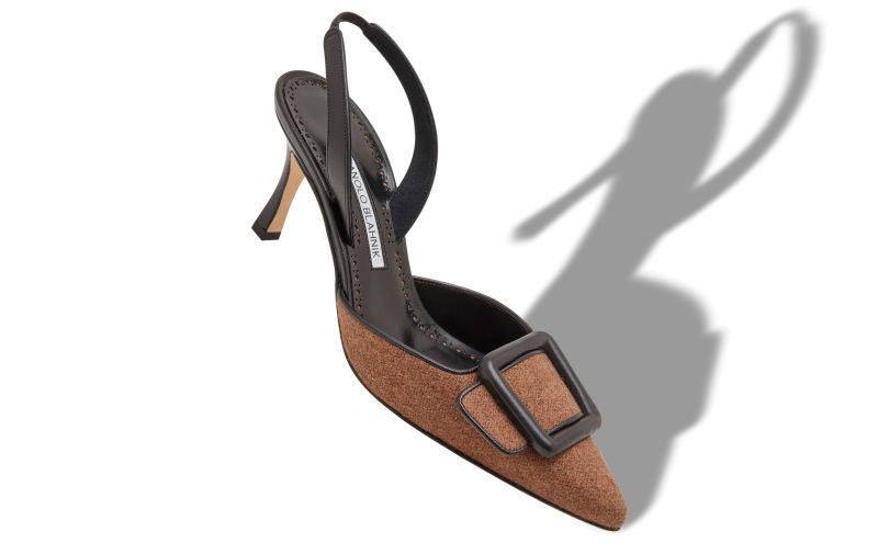 Mayslibi, Brown and Black Wool Buckle Detail Slingback Pumps - US$950.00 