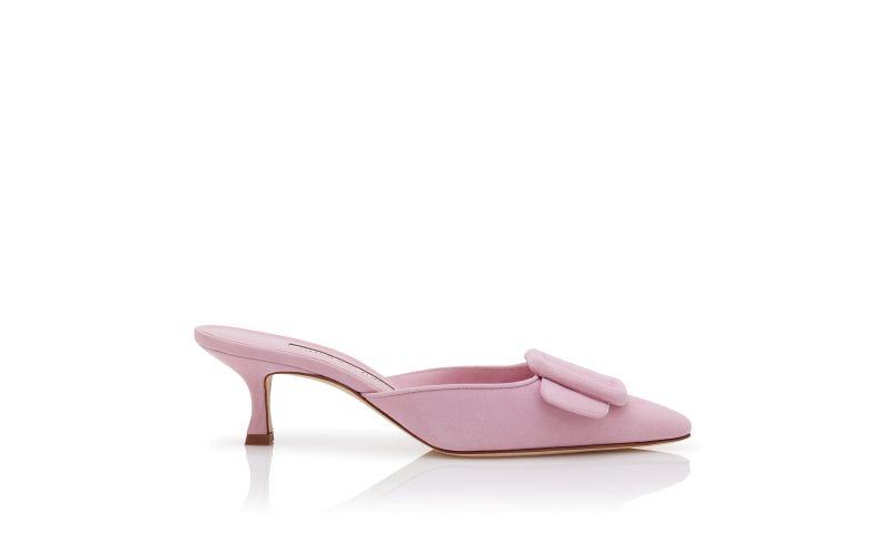 Side view of Maysale, Pink Suede Buckle Detail Mules - £595.00