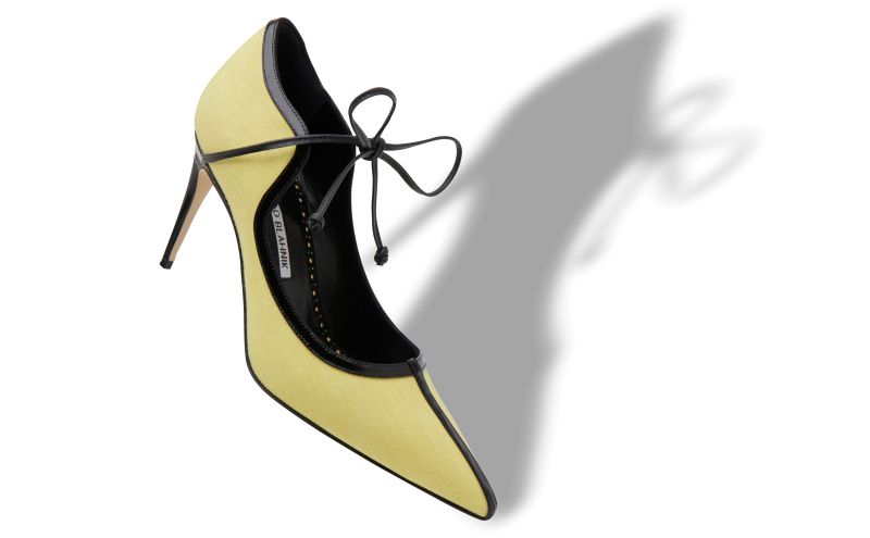 Designer Yellow and Black Linen Scalloped Pumps 