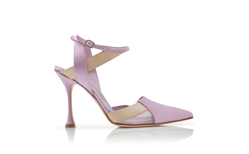 Side view of Tamer, Purple and Beige Satin Crossover Ankle Strap Pumps - AU$788.00
