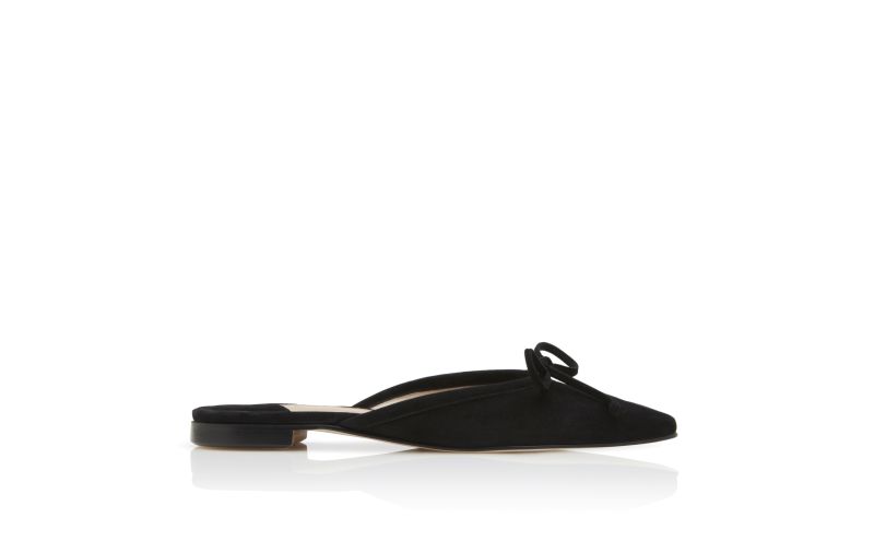 Side view of Ballerimu, Black Suede Flat Mules - £595.00