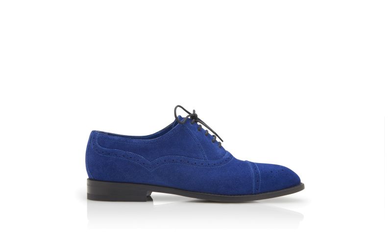 Side view of Witney, Bright Blue Suede Cap Toe Oxfords - US$945.00