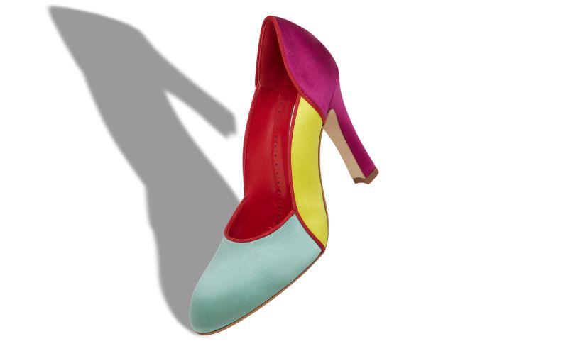 Trionan, Teal, Yellow and Pink Satin Scalloped Pumps - CA$1,135.00