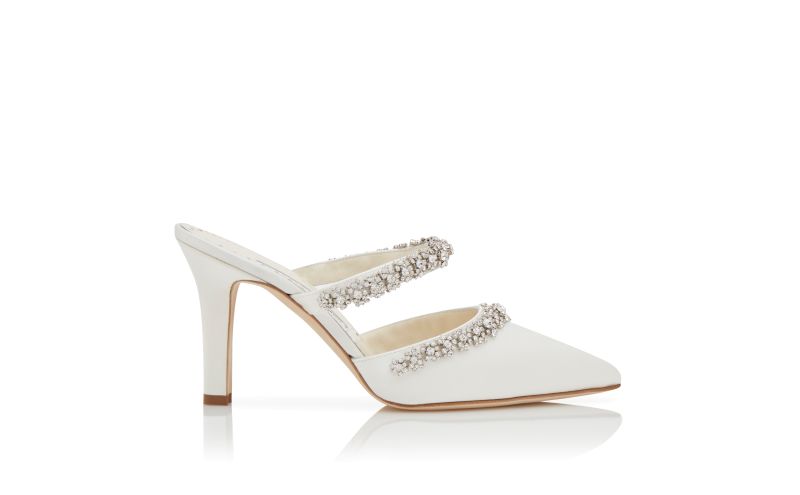 Side view of Vedadamu, Cream Satin Crystal Embellished Mules  - £1,175.00