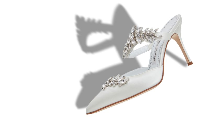 Lurum, White Satin Crystal Embellished Mules - £1,075.00