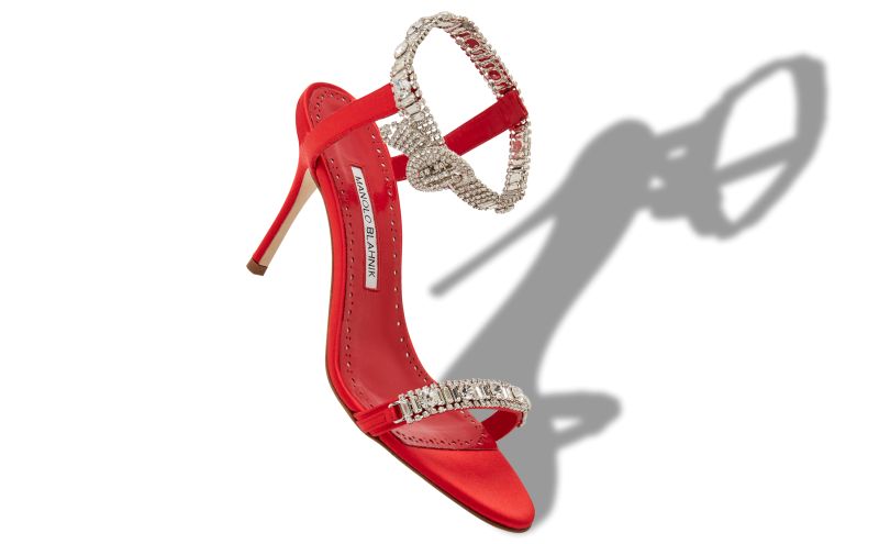 Asasan, Red Satin Jewel Embellished Sandals - US$1,017.00 