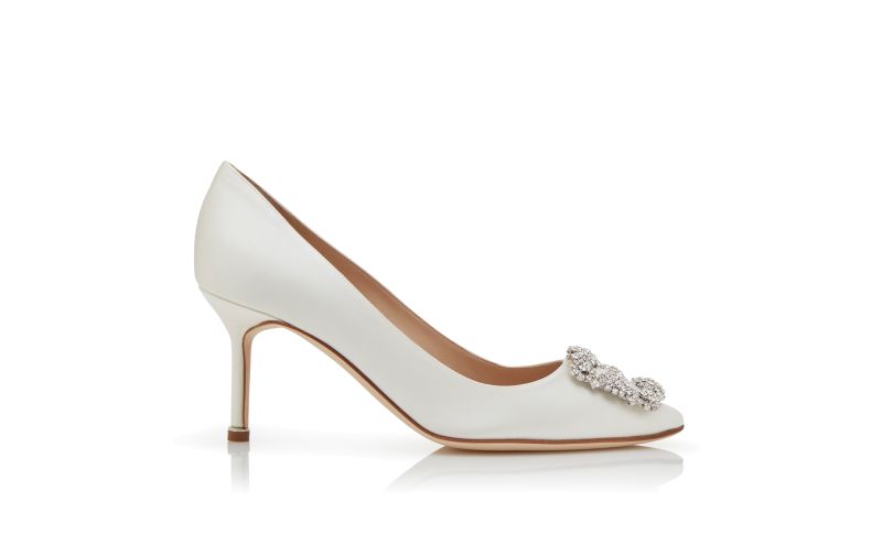 Side view of Hangisi 70, White Satin Jewel Buckle Pumps - CA$1,745.00