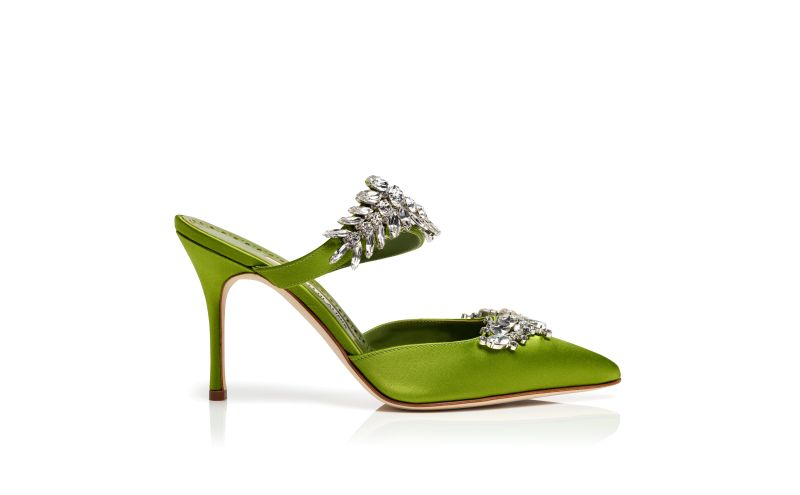Side view of Lurum, Light Green Satin Crystal Embellished Mules - US$1,395.00