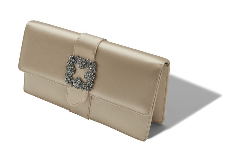 Capri, Light Beige Satin Jewel Buckle Clutch - £1,485.00 