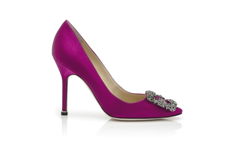 Side view of Hangisi, Dark Fuchsia Satin Jewel Buckle Pumps - £945.00