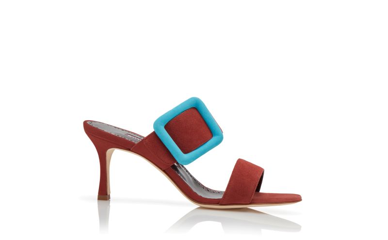 Side view of Gable, Red and Light Blue Suede Buckle Mules - CA$1,095.00