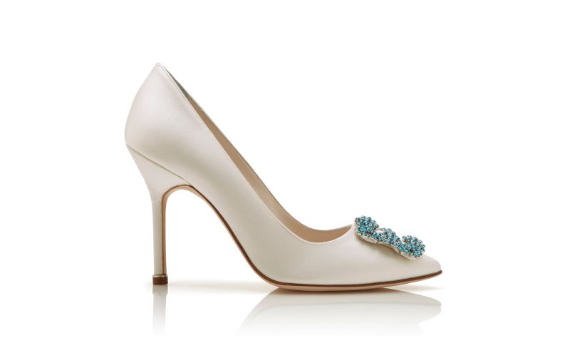 Side view of Hangisi bride, White Satin Jewel Buckle Pumps - £945.00
