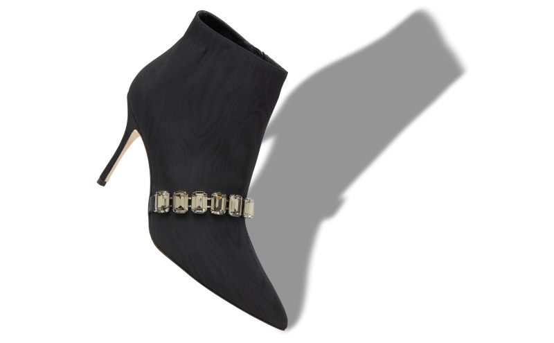 Designer Black Moire Jewel Strap Ankle Boots