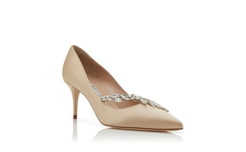 Nadira 70, Beige Satin Jewel Buckle Pumps - US$1,145.00