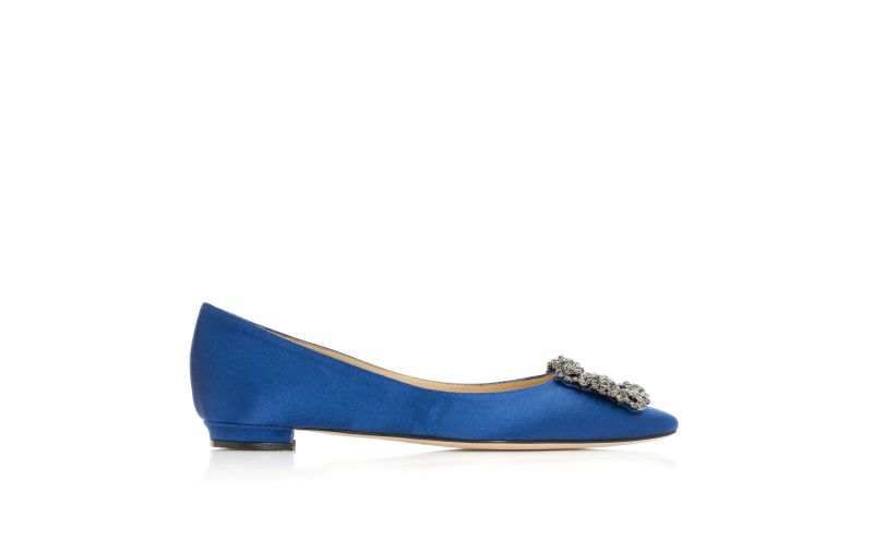 Side view of Hangisiflat, Blue Satin Jewel Buckle Flat Pumps - US$1,095.00