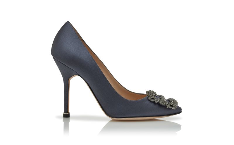 Side view of Hangisi, Dark Grey Satin Jewel Buckle Pumps - £945.00