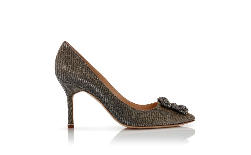 Side view of Hangisi glitter 90, Gold Glitter Fabric Jewel Buckle Pumps - US$1,225.00