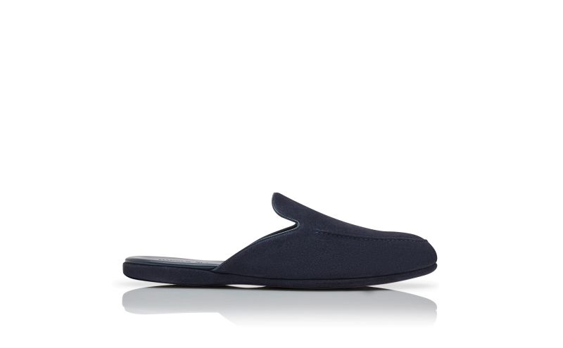 Side view of Montague, Navy Blue Suede Slippers - £425.00