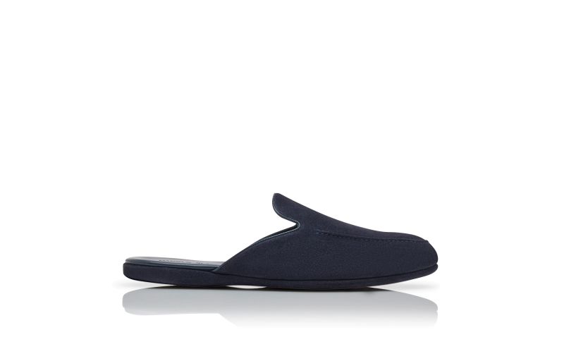 Side view of Montague, Navy Blue Suede Slippers - €495.00