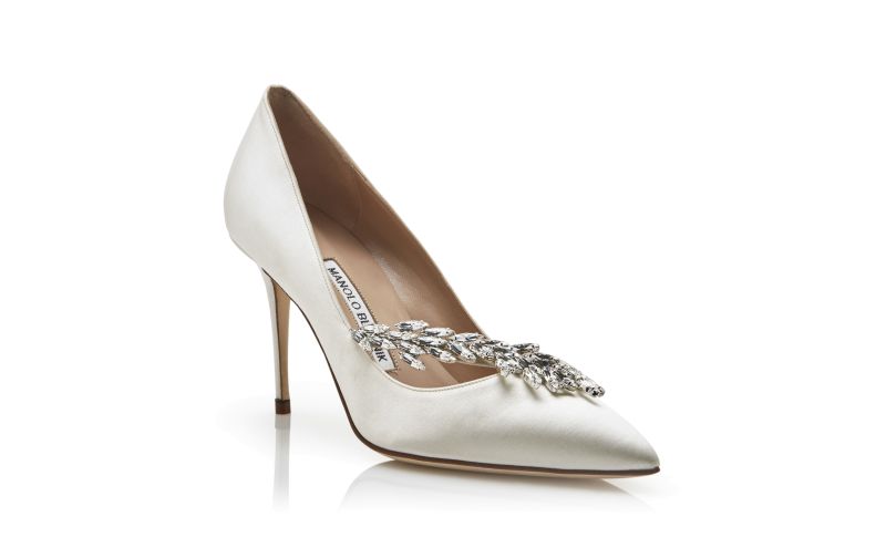 Designer White Satin Jewel Buckle Pumps