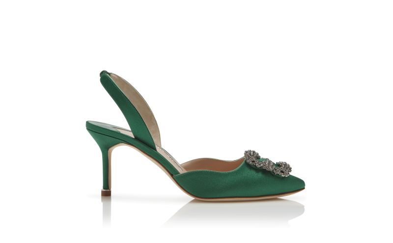 Side view of Hangisli, Green Satin Jewel Buckle Slingback Pumps - €1,075.00