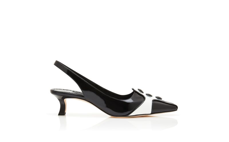 Side view of Pergamum, Black and White Patent Leather Slingback Pumps - US$1,165.00