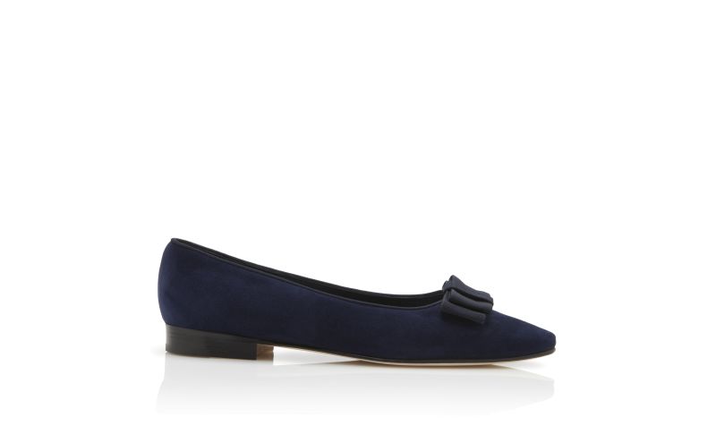 Side view of Designer Navy Suede Bow Detail Flat Pumps