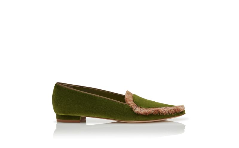 Side view of Agofran, Green Velvet Fringe Detail Loafers - US$895.00