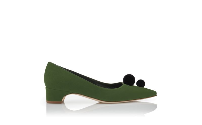 Side view of Pieraba, Green and Black Suede Pom Pom Detail Pumps - £725.00